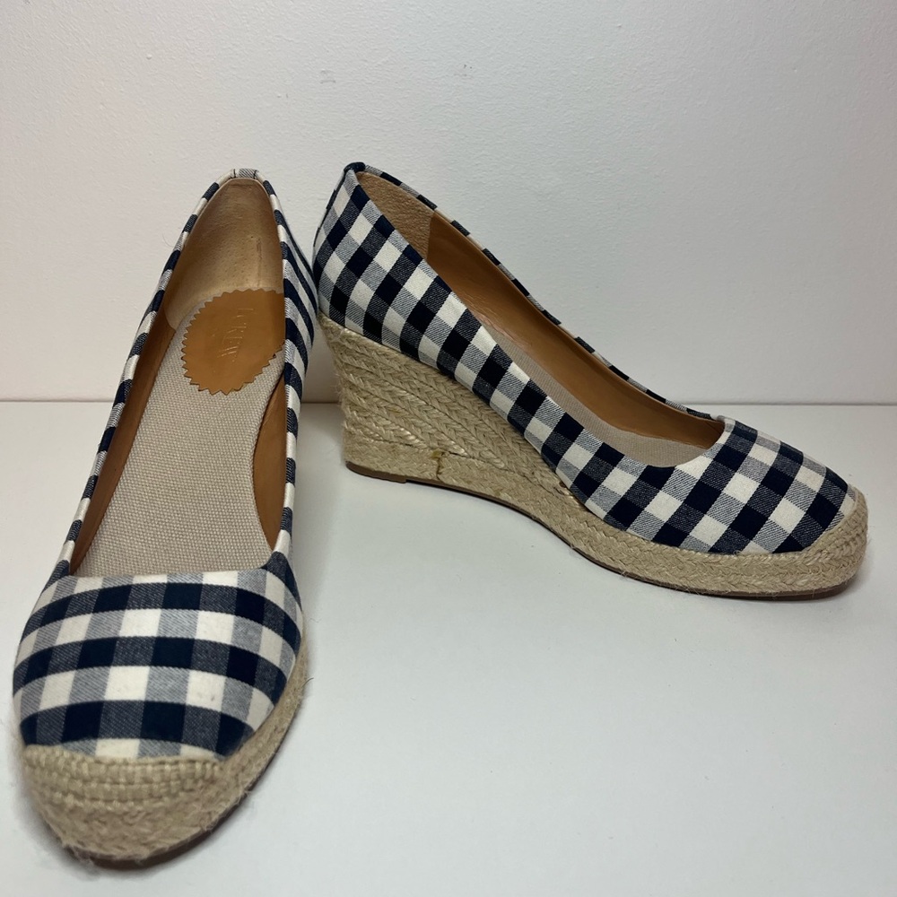 J. Crew Factory Navy and White Checkered Wedges
